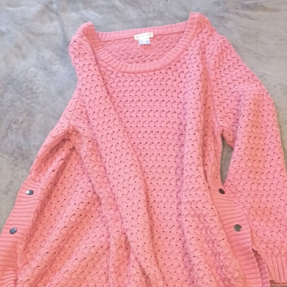 VENUS Pink Open-Knit Crew Sweater with Side Button Tabs
